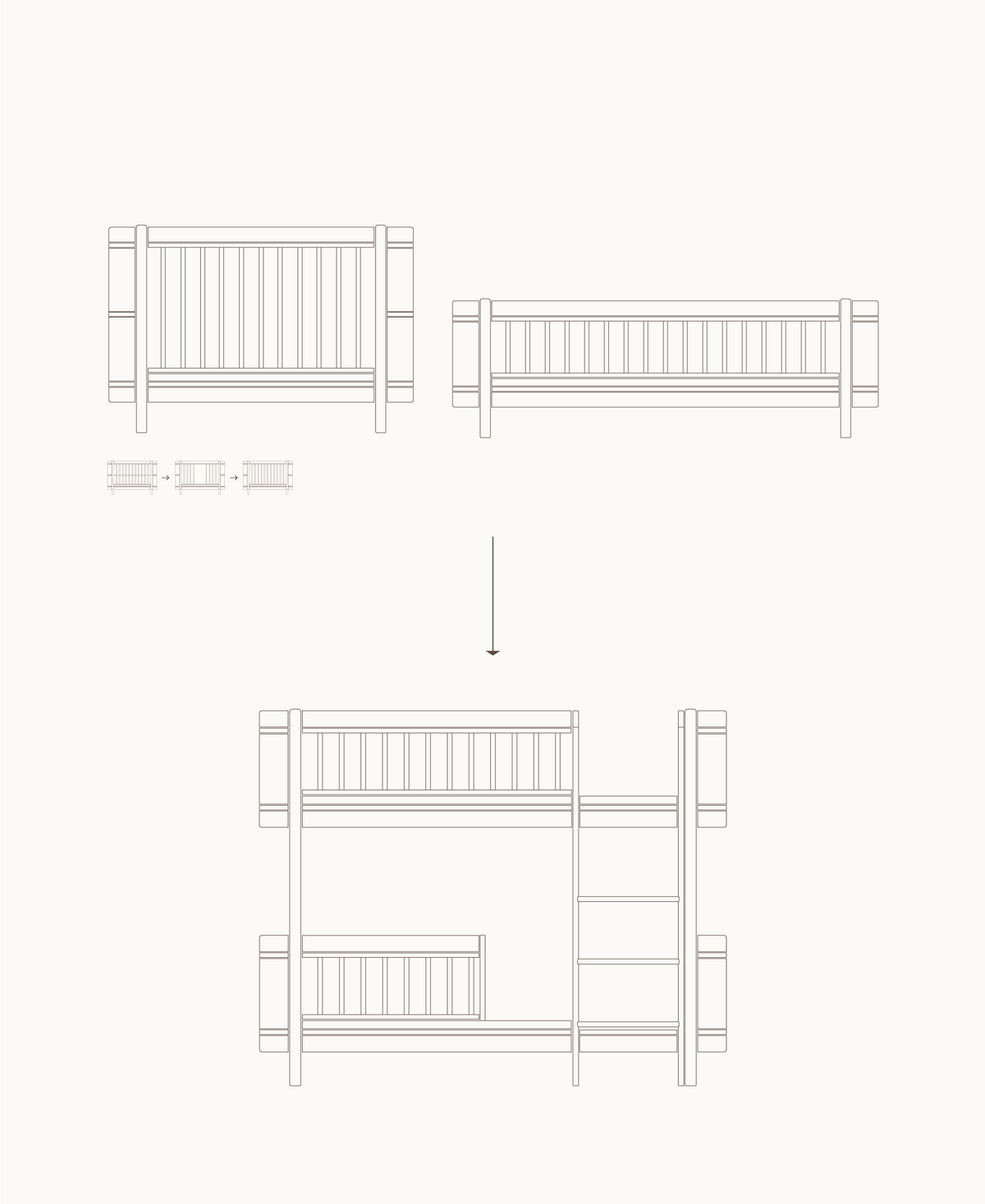 Mini+ Babybett & Mini+ Juniorbett zum Mini+ halbhohen Etagenbett, weiß/Eiche